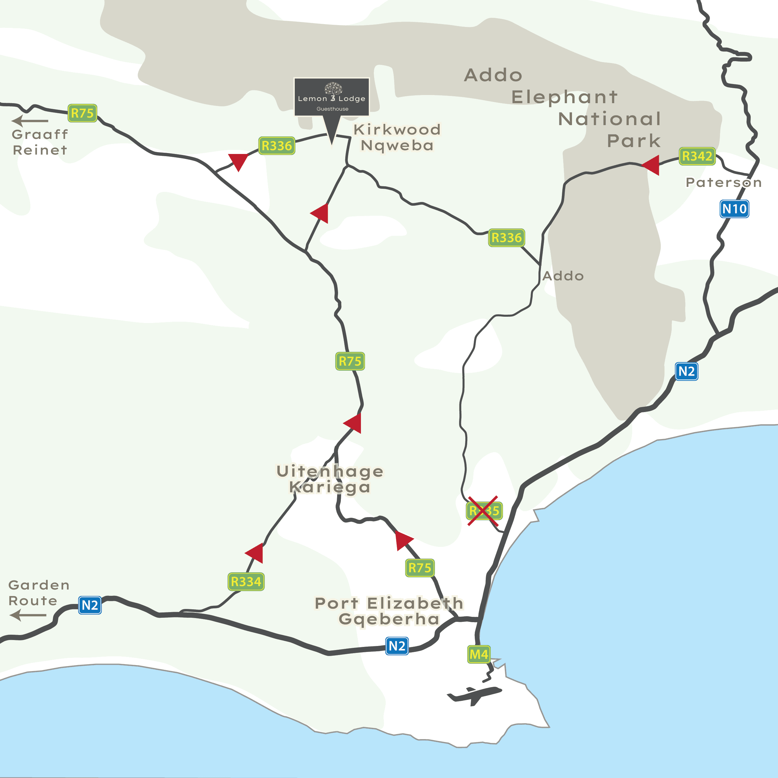 Road map showing the route from Port Elizabeth/Gqeberha via the R75 and R336 to Lemon 3 Lodge in Kirkwood